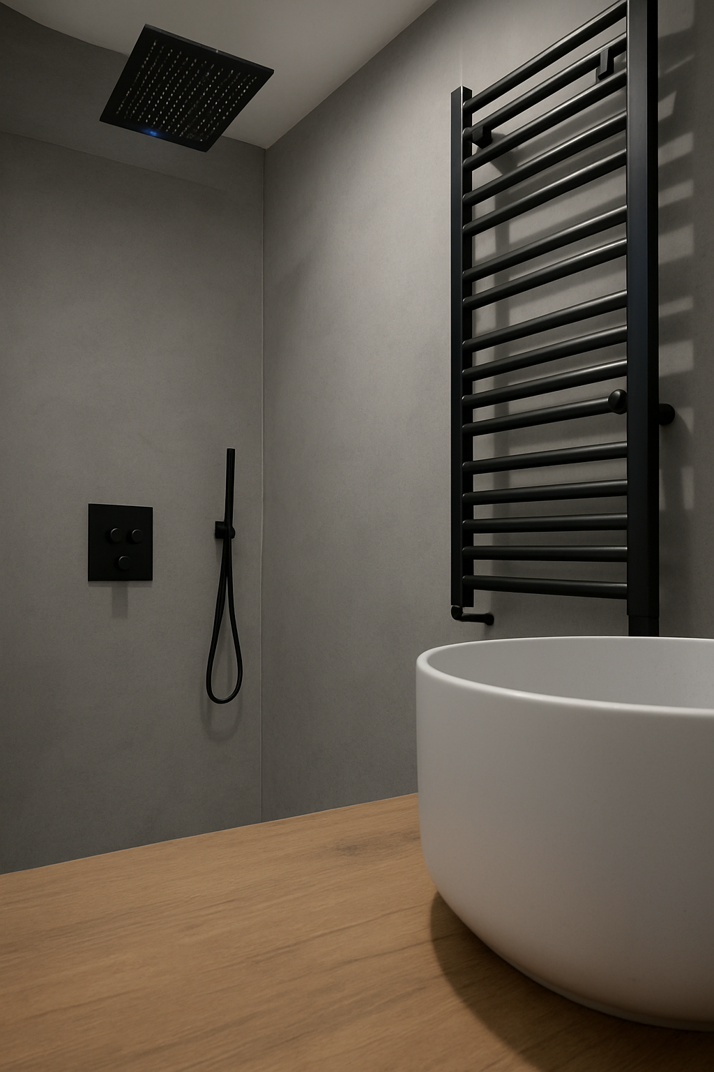 Salle de bains moderne décorée avec peinture effet béton résistante à l'humidité