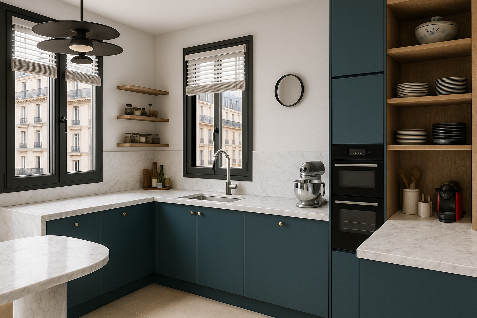 Cuisine contemporaine avec plan de travail en marbre blanc