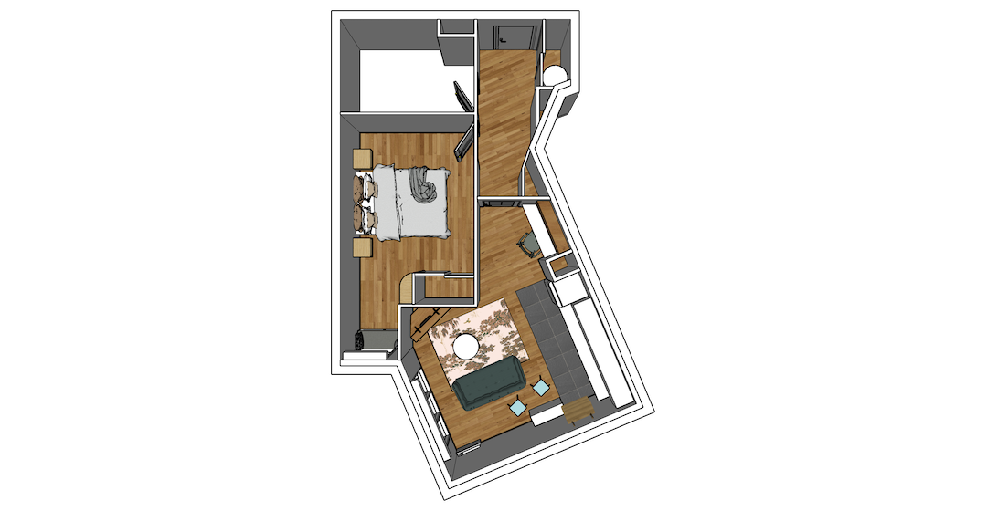 Vue 3D d’un petit espace bien aménagé selon les conseils d’un architecte d’intérieur