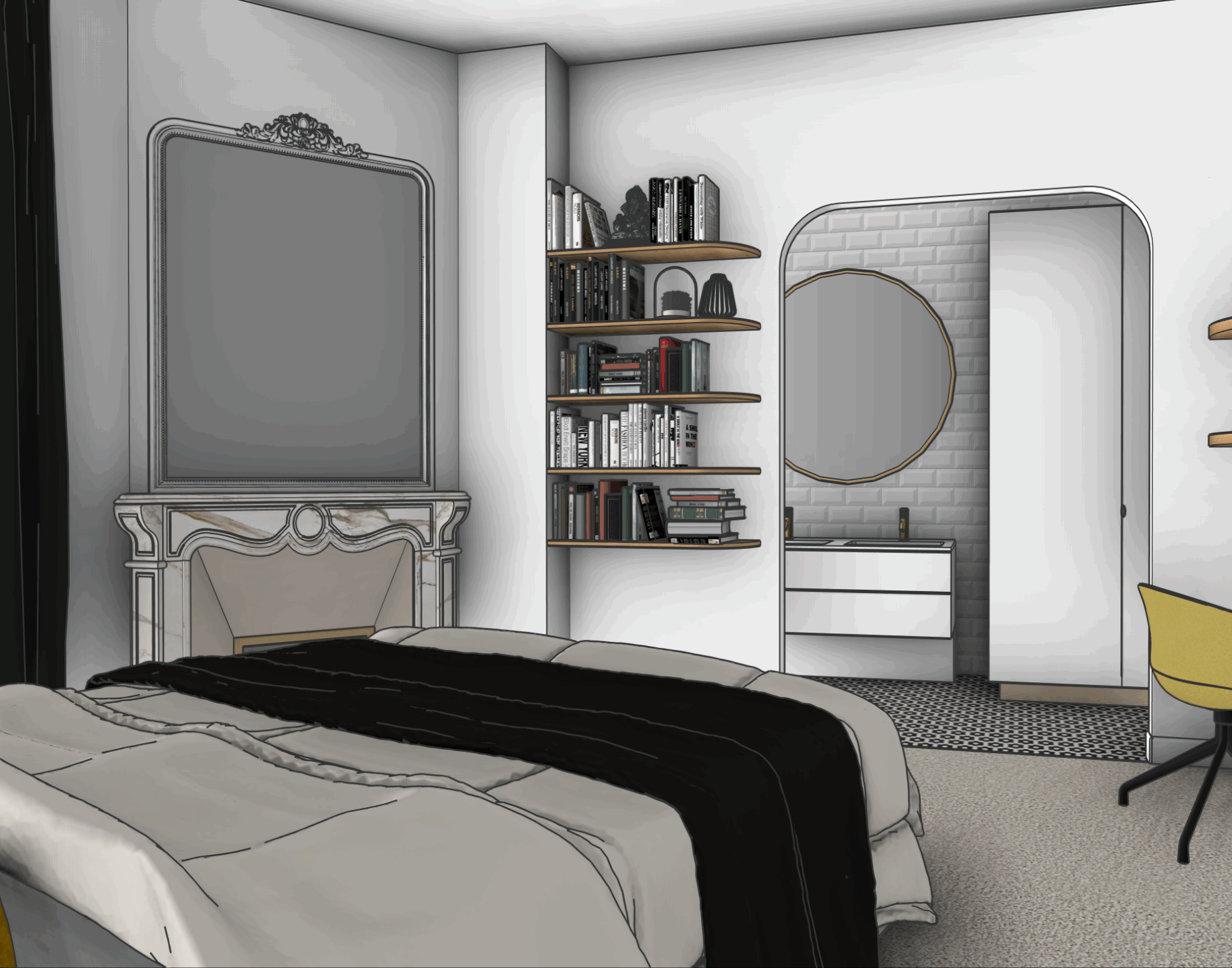Chambre élégante avec tissus nobles et mobilier sobre