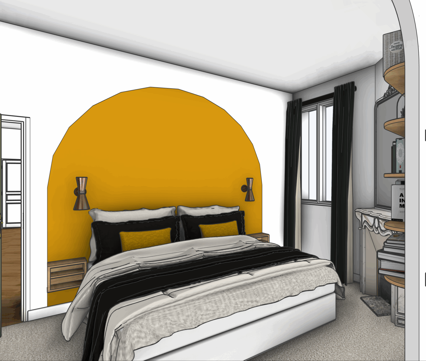 Chambre d’inspiration bourgeoise avec rideaux épais et décoration raffinée