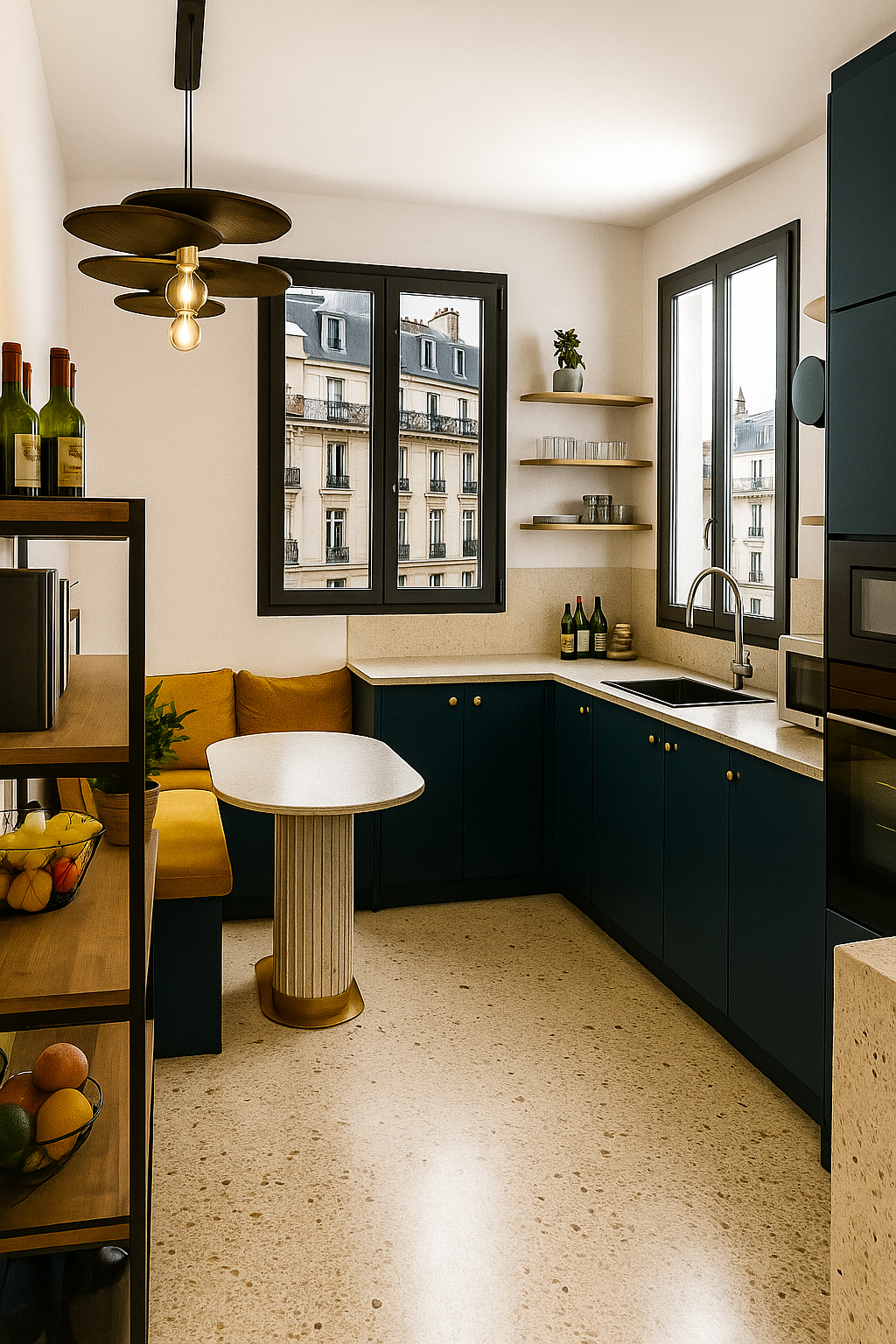 Cuisine fermée optimisée avec verrière et meubles colorés