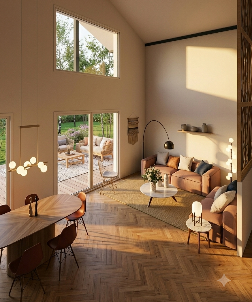Am&eacute;nagement d'une pi&egrave;ce de vie contemporaine avec parquet en chevrons, canap&eacute; terracotta et verri&egrave;re en bois, issue d'une &eacute;tude de projet de r&eacute;novation compl&egrave;te.