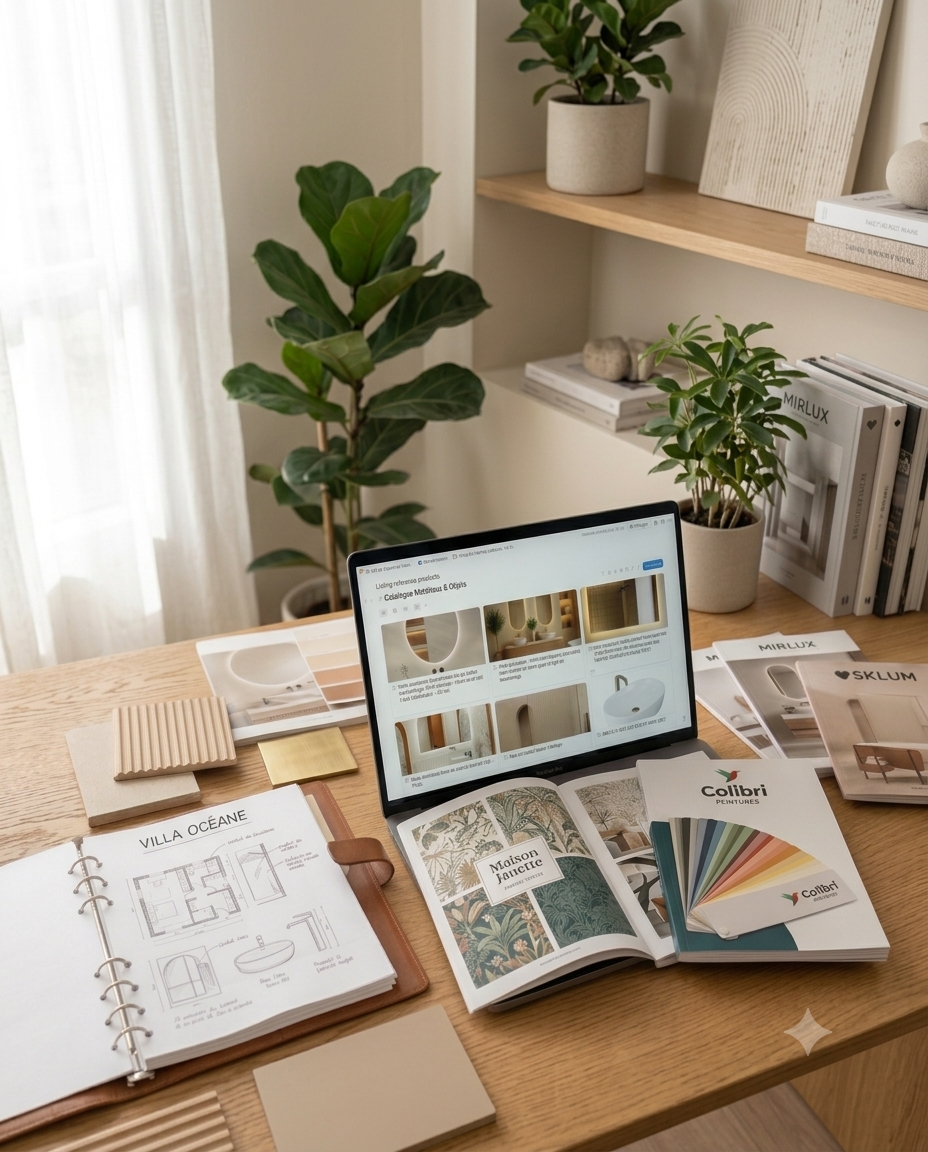 Bureau d'une architecte d'intérieur avec un carnet de projet au nom de Villa Océane, des catalogues de peintures Colibri et papiers peints Maison Janette, face à une galerie de produits Notion.