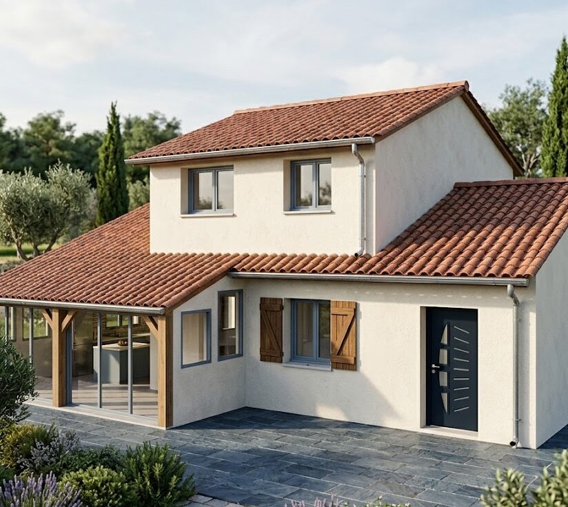 Vue 3D d'un projet de surélévation en ossature bois pour une maison individuelle située rue de Stounicq à Labenne.